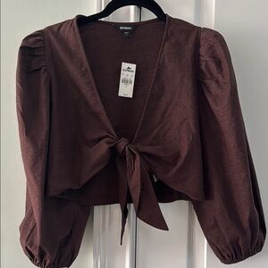 Express Brown Puff Sleeve Crop Top with Tie Front